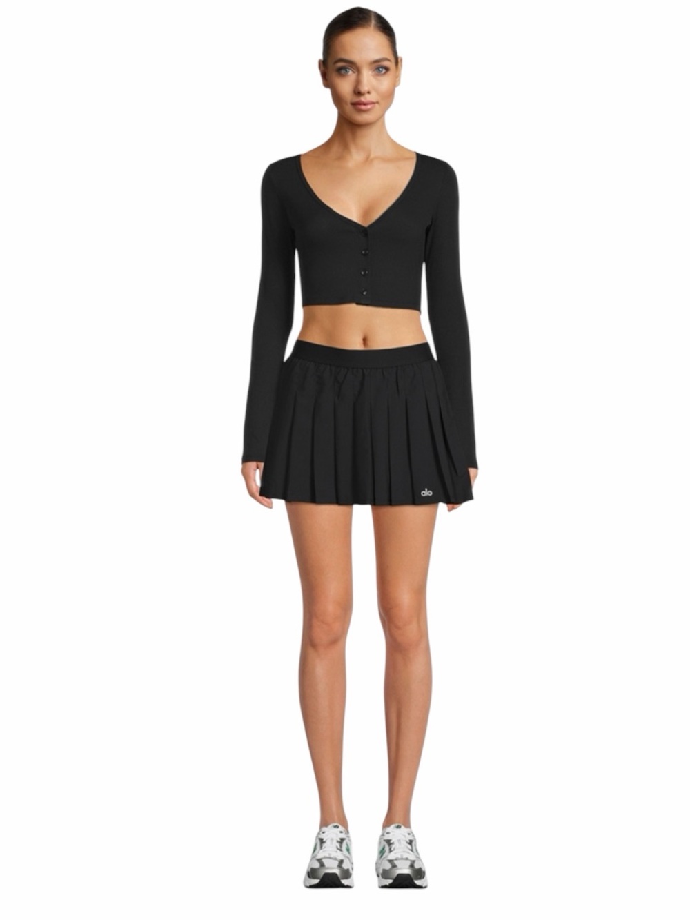 ALO BLACK VARSITY TENNIS SKIRT.